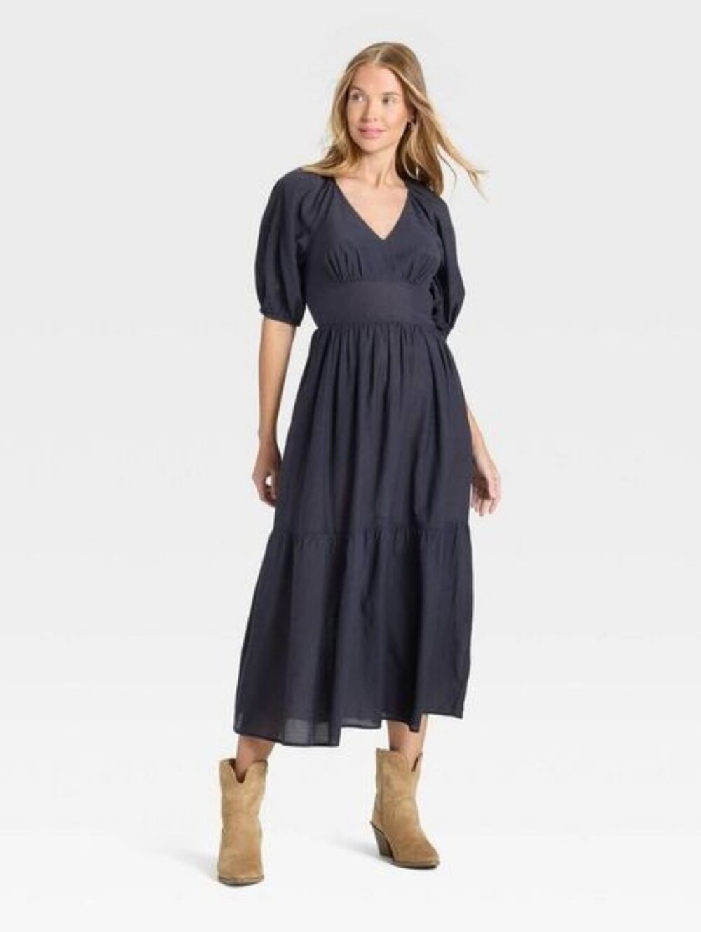 NWT NAVY PUFF SLEEVE COTTON MAXI DRESS SIZE XL Universal Thread With Pockets